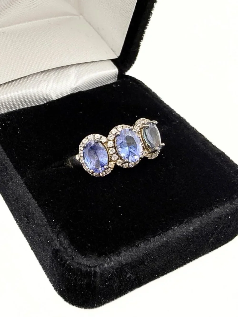 Classic Marked SD Three Stone Halo Amethyst Sterling Silver CZ Trilogy Ring Sz11